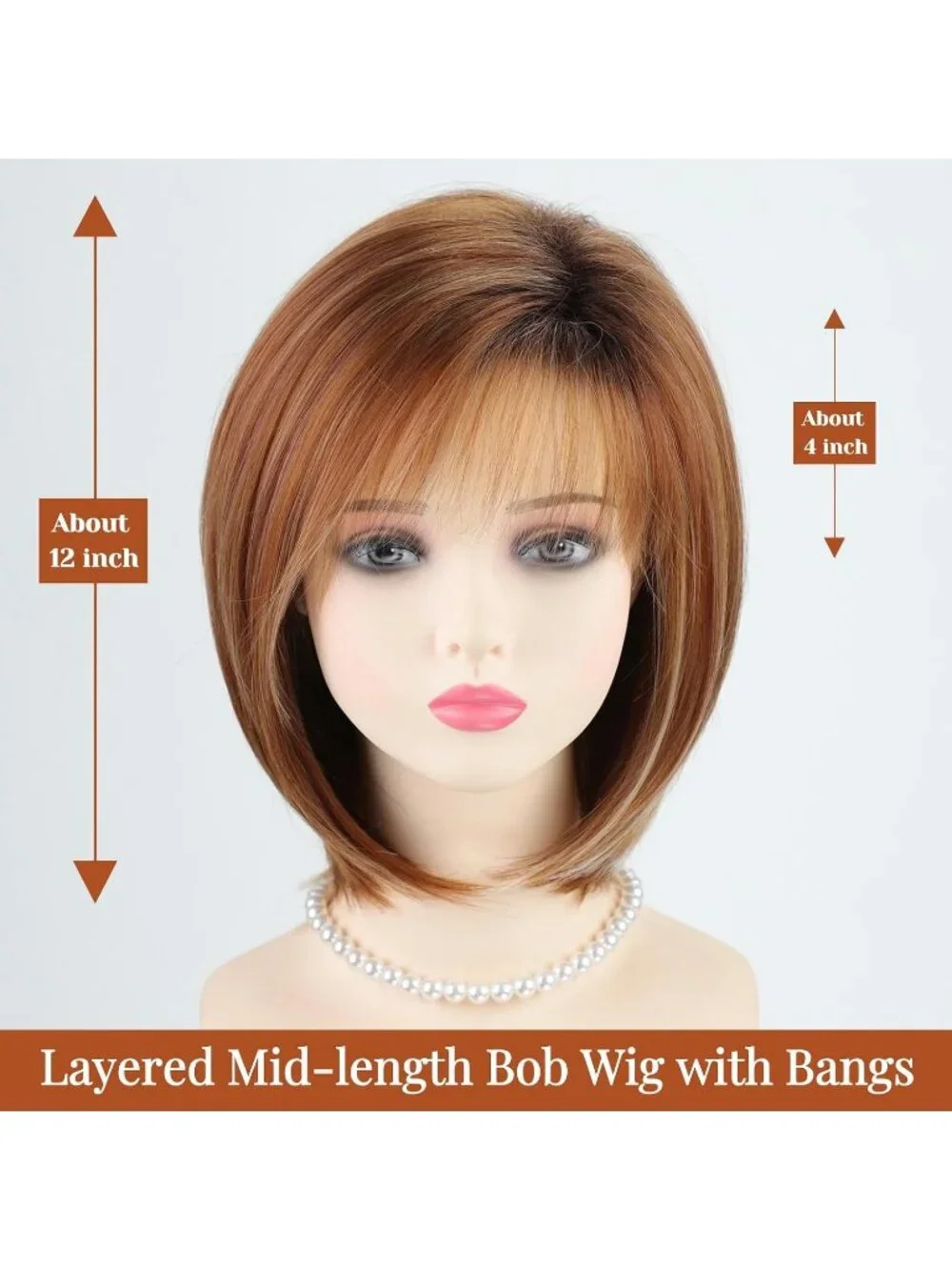 Women's Auburn Orange 12 Inch Mid Length Heat Synthetic Straight Layered Bob Wig